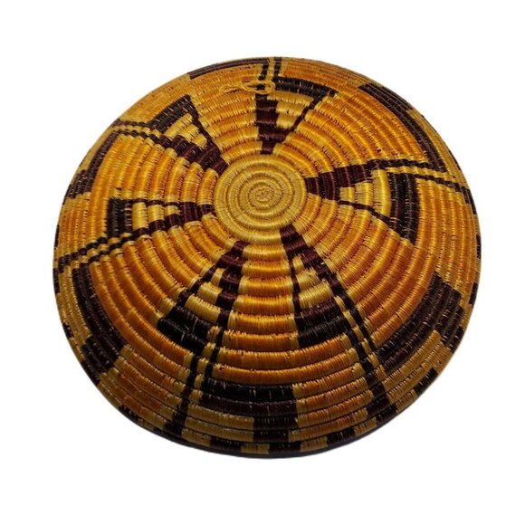 Round Ethnic Coil Handwoven Natural Grass Bowl Basket 11" Diameter 5" Deep Hang - Picture 4 of 12